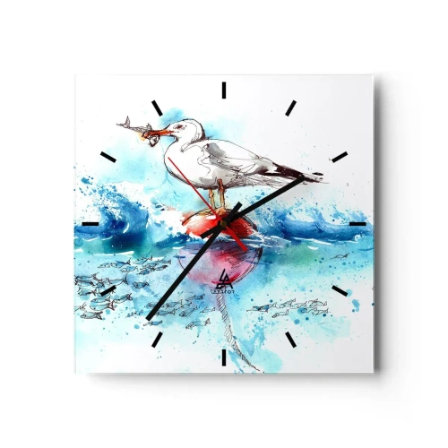 Reloj de pared - Reloj de vidrio - Gaviota en una boya con peces al fondo en estilo acuarela - 30x30cm - Una captura exitosa - Decoración de pared moderna para salón y dormitorio ARTTOR