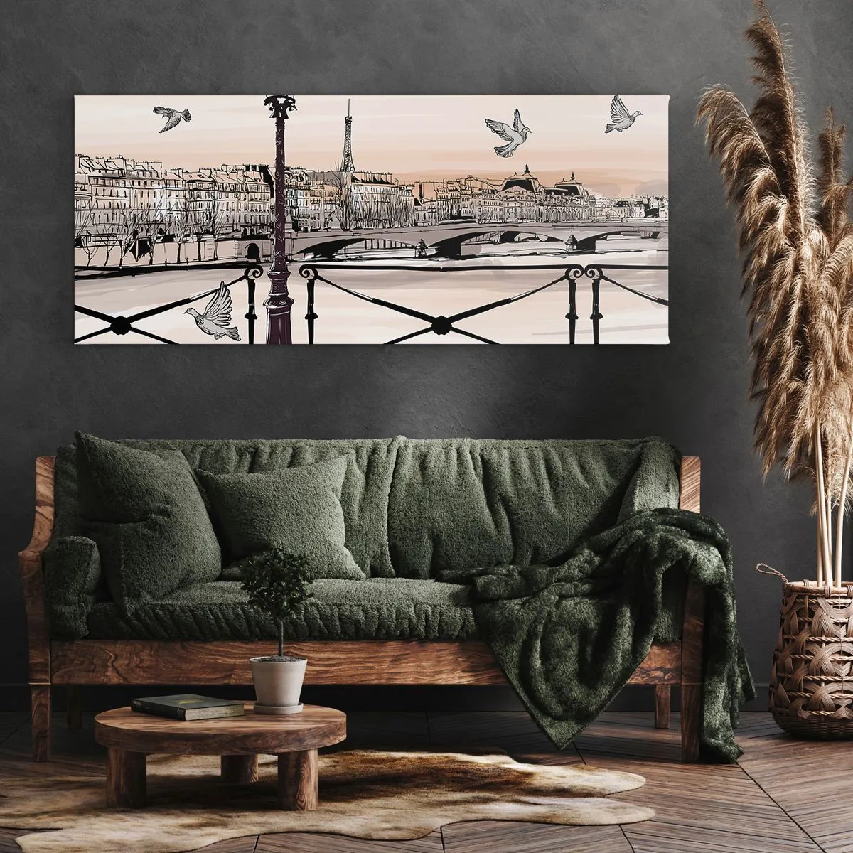 Cuadro sobre lienzo - Impresión de Imagen - Vista parisina con una linterna y un puente. - 120x50cm - Sobre los tejados de París - Decoración de pared moderna para salón y dormitorio ARTTOR