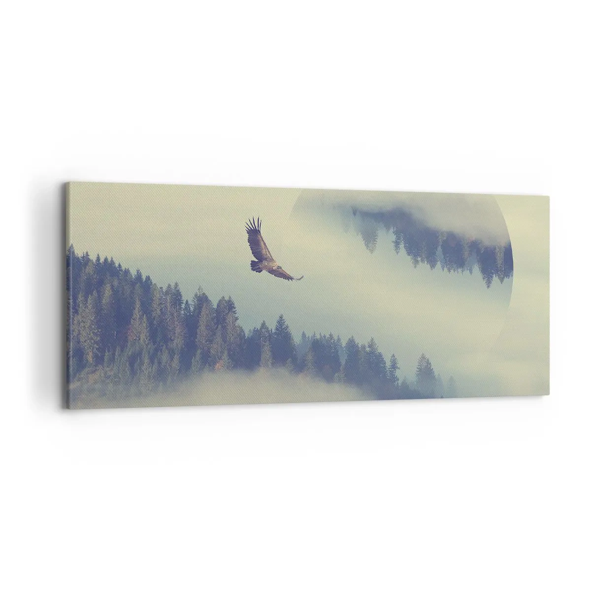 Cuadro sobre lienzo - Impresión de Imagen - Un águila en vuelo con un telón de fondo de montañas brumosas con un motivo circular artístico. - 120x50cm - Vi la sombra de un águila - Decoración de pared moderna para salón y dormitorio ARTTOR