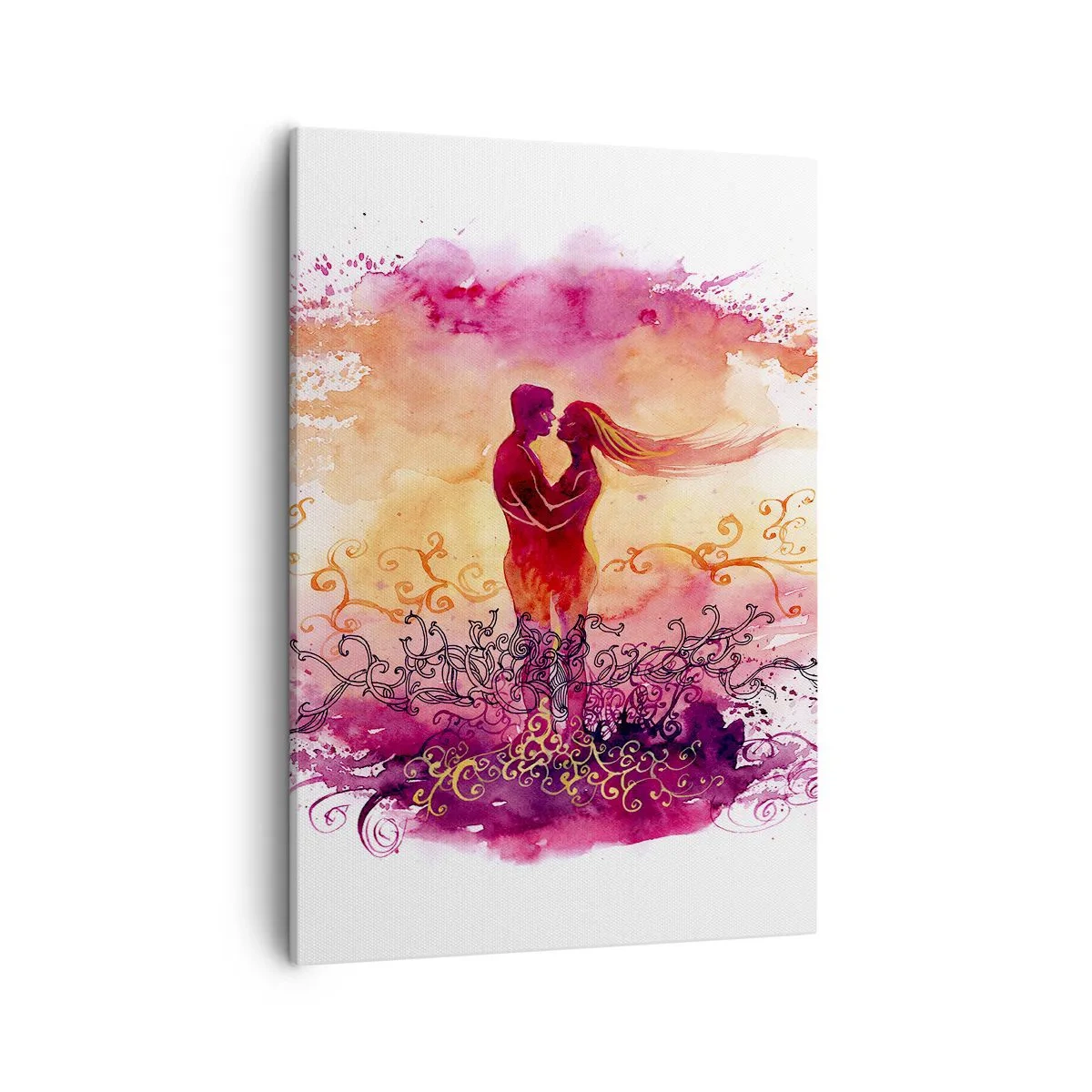 Cuadro sobre lienzo - Impresión de Imagen - Una pareja abrazándose sobre un patrón abstracto rosa y naranja. - 50x70cm - ¡Un solo corazón! Necesito tan poco para ser feliz… - Decoración de pared moderna para salón y dormitorio ARTTOR