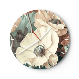 Reloj de pared - Reloj de vidrio - Flores de amapola color crema sobre un fondo de hojas en una paleta de tonos pastel apagados. - 30x30cm - Susurro de amapolas - Decoración de pared moderna para salón, cocina y dormitorio ARTTOR