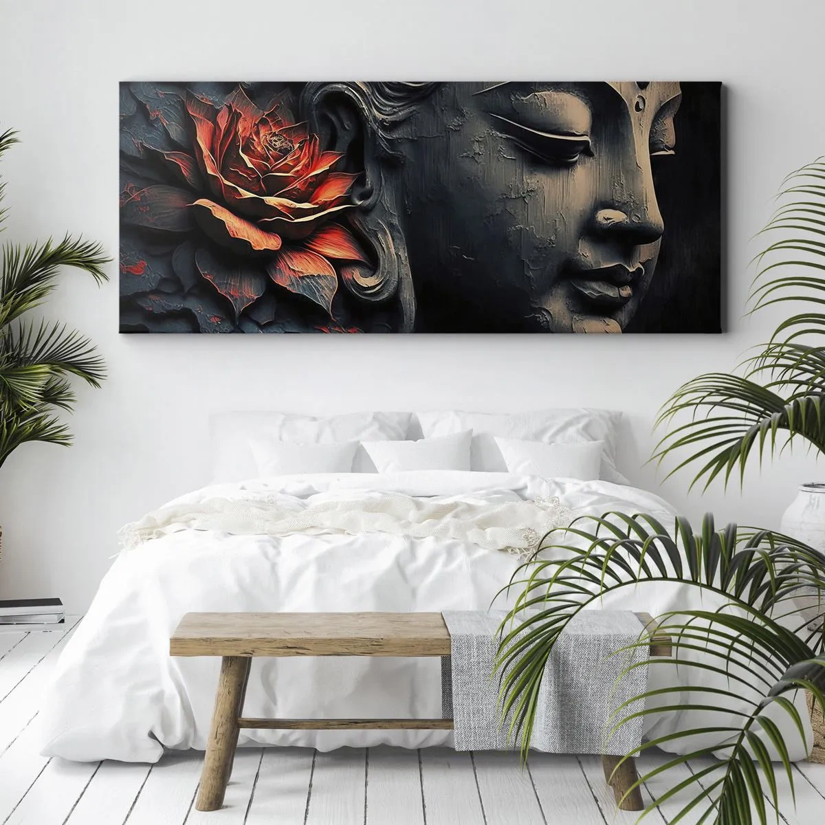 Cuadro sobre lienzo - Impresión de Imagen - Escultura de Buda con una flor de loto roja. - 160x50cm - En sintonía con el mundo - Decoración de pared moderna para salón y dormitorio ARTTOR