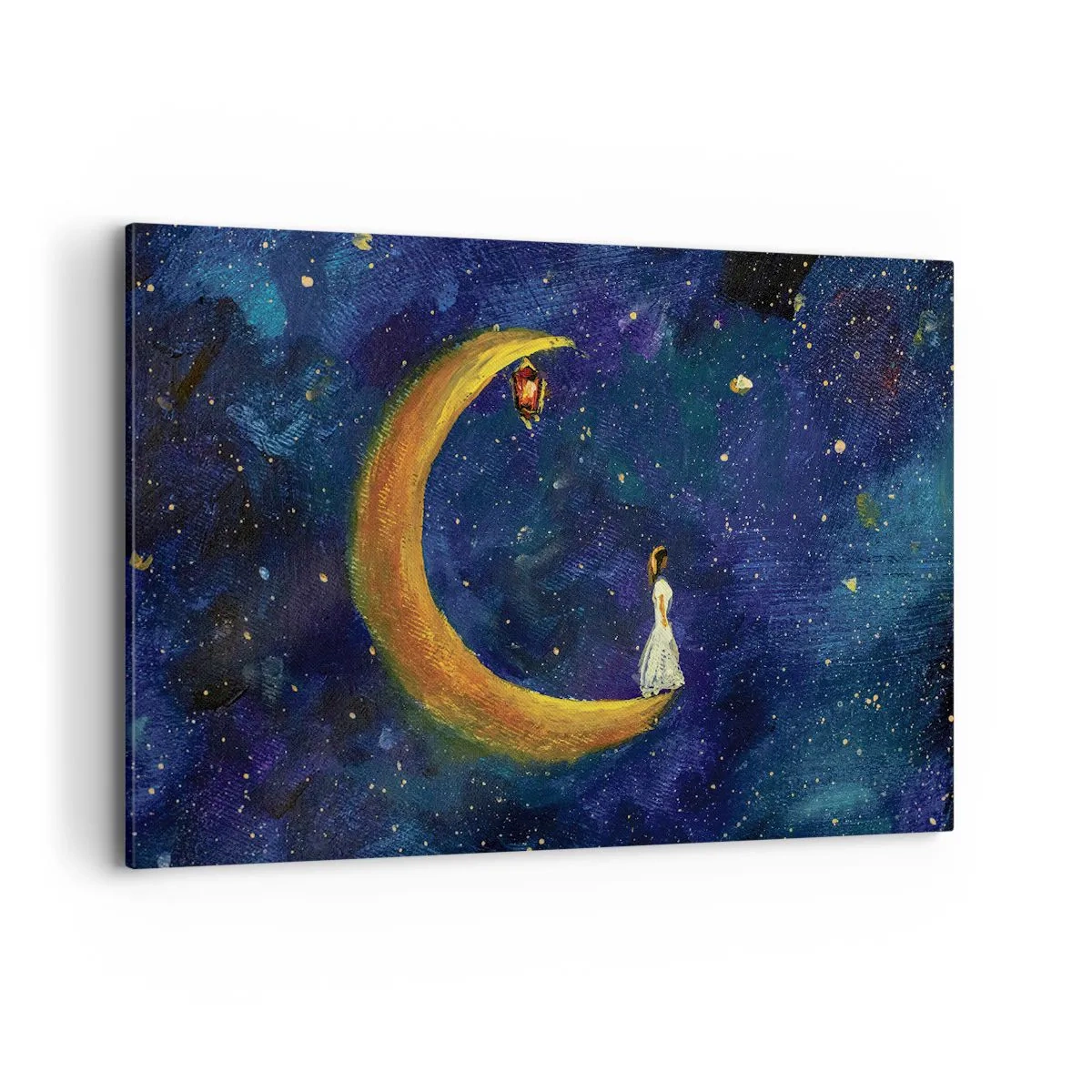 Cuadro sobre lienzo - Impresión de Imagen - Una niña parada en la luna en un cielo estrellado. - 120x80cm - La llamada de la Luna - Decoración de pared moderna para salón y dormitorio ARTTOR