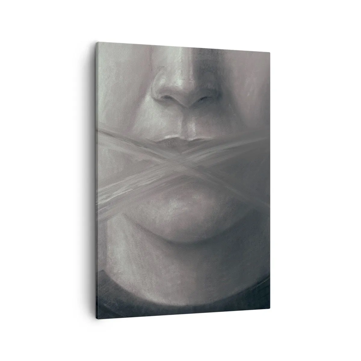 Cuadro sobre lienzo - Impresión de Imagen - Un retrato simbólico con labios difuminados en tonos grises. - 50x70cm - Ni una palabra - Decoración de pared moderna para salón y dormitorio ARTTOR