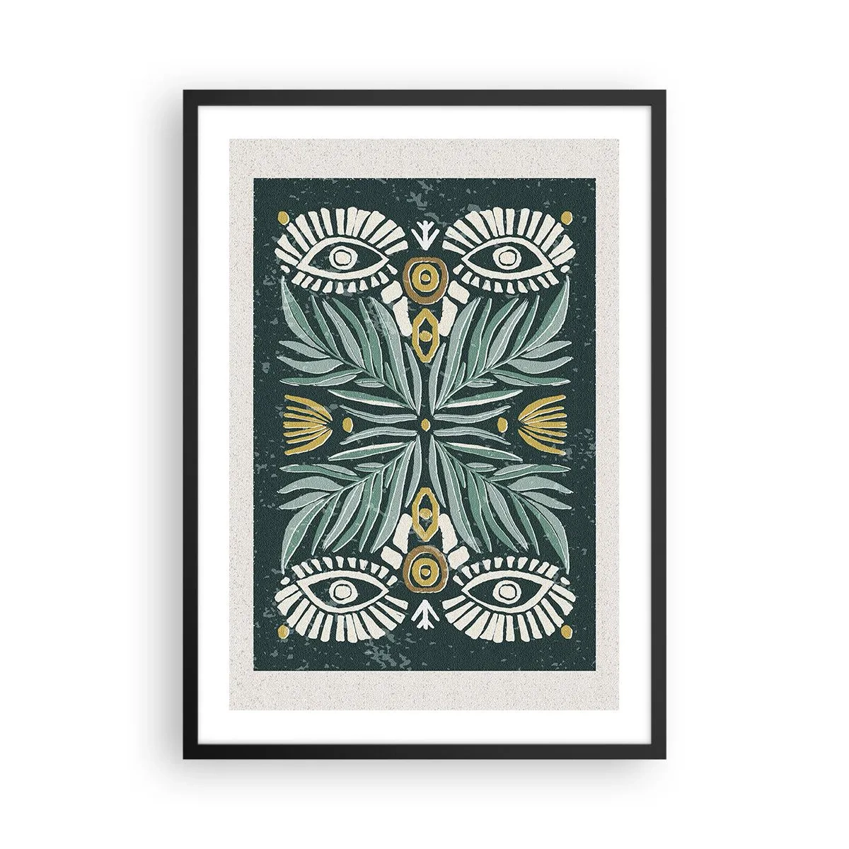 Póster en marco negro - Patrón simétrico con hojas y ojos sobre un fondo oscuro. - 50x70cm - Como un recorte folclórico - Decoración de pared moderna para salón y dormitorio ARTTOR