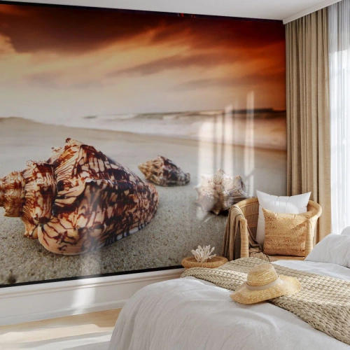 Fotomural Premium Sand - Conchas en la playa al atardecer - 100x70cm - Los exiliados de las olas - Decoración de pared moderna para salón y dormitorio ARTTOR