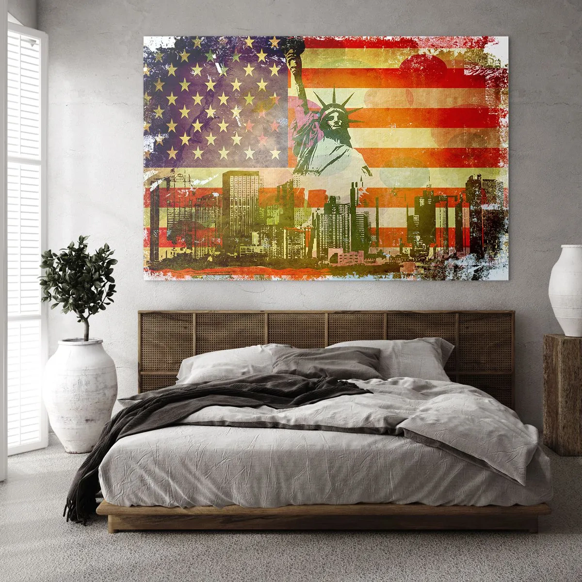 Cuadro sobre vidrio - Impresiones sobre Vidrio - Bandera de Estados Unidos con la silueta de la Estatua de la Libertad y el paisaje urbano - 100x70cm - ¡Viva América! - Decoración de pared moderna para salón y dormitorio ARTTOR
