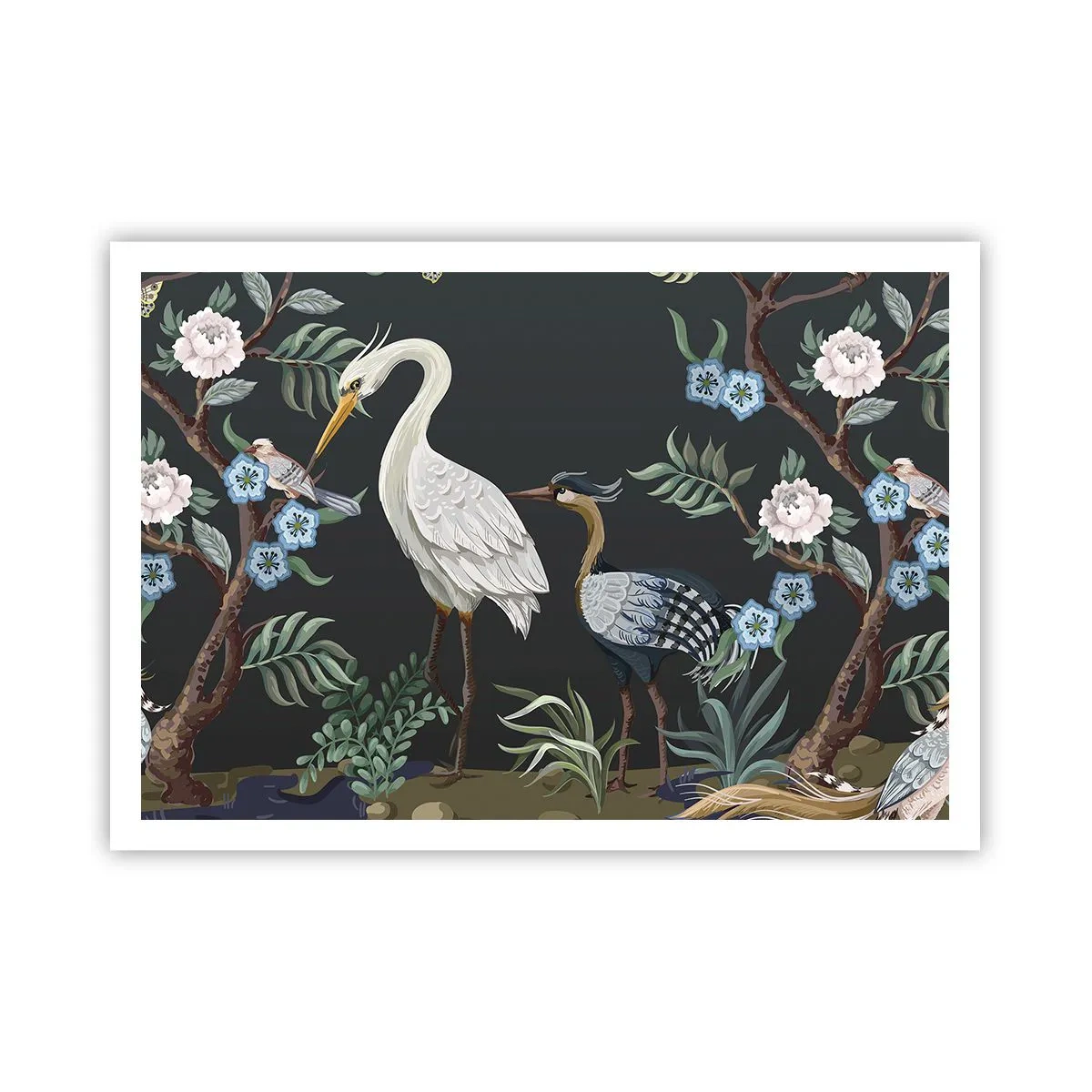 Póster - Pájaros y plantas pintados sobre un fondo oscuro con un patrón elegante. - 100x70cm - Desfile de aves - Decoración de pared moderna para salón y dormitorio ARTTOR