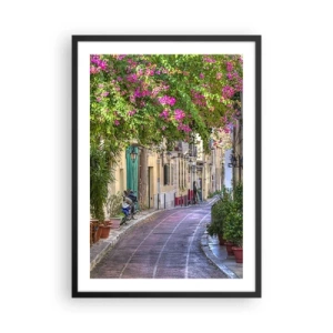 Póster en marco negro - Una calle colorida con flores florecientes y arquitectura clásica. - 50x70cm - Un callejón floreciente - Decoración de pared moderna para salón y dormitorio ARTTOR