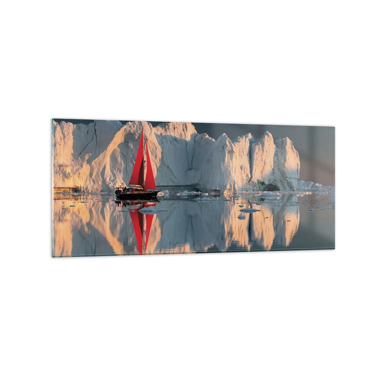 Cuadro sobre vidrio - Impresiones sobre Vidrio - Un velero con una vela roja con el fondo de un glaciar. - 120x50cm - En el límite del mundo - Decoración de pared moderna para salón y dormitorio ARTTOR