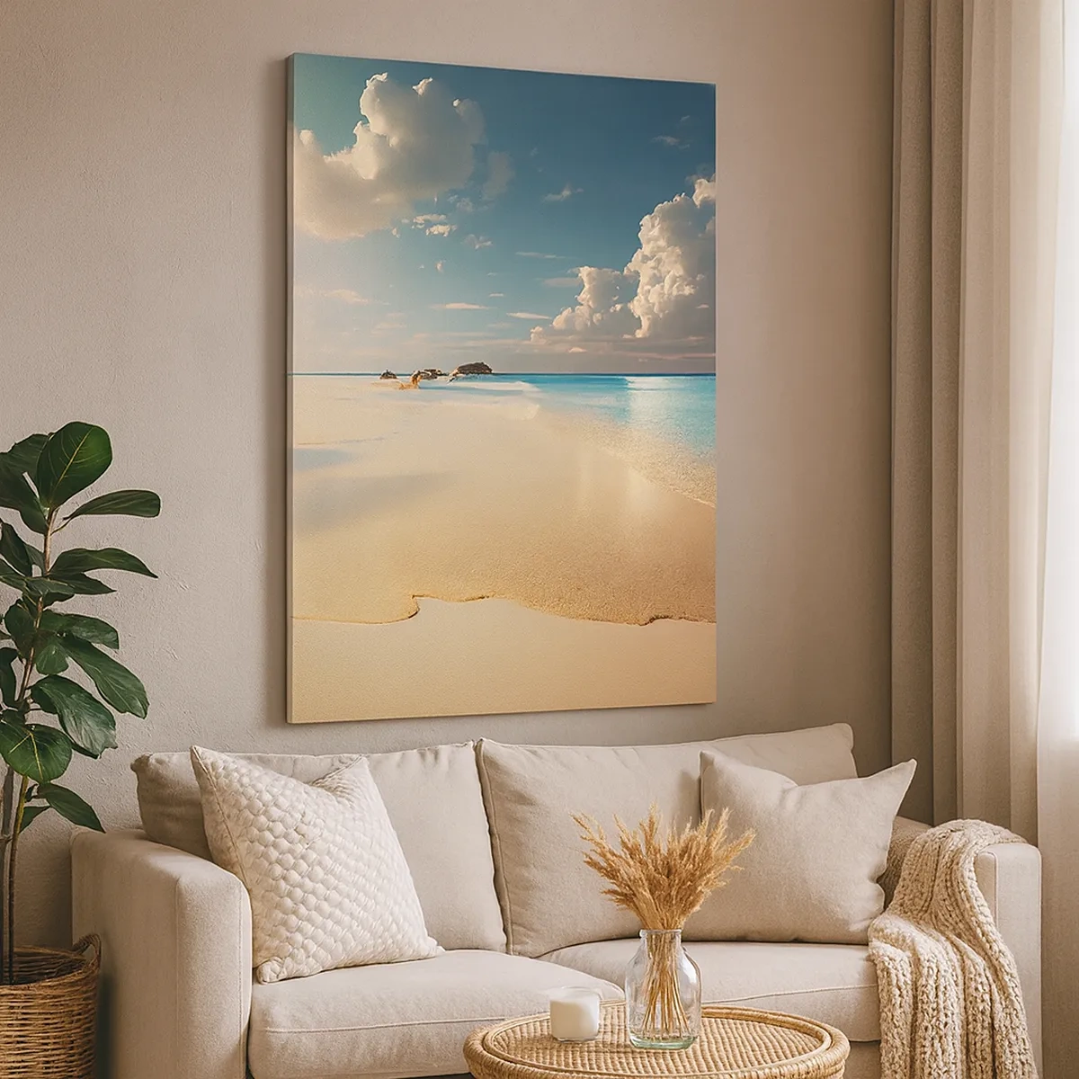 Cuadro sobre lienzo - Impresión de Imagen - Una playa soleada con mar azul y rocas. - 50x70cm - Un día de ensueño - Decoración de pared moderna para salón y dormitorio ARTTOR