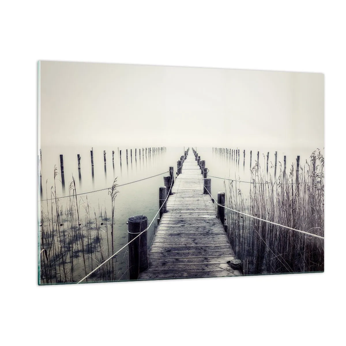 Cuadro sobre vidrio - Impresiones sobre Vidrio - Un puente de madera conduce a las profundidades de un lago tranquilo en la niebla. - 120x80cm - Sumergirse en la paz - Decoración de pared moderna para salón y dormitorio ARTTOR