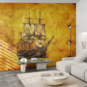 Fotomural Premium Canvas - Un dibujo estilizado de un velero sobre un fondo dorado con un toque vintage. - 100x70cm - ¡Rumbo a la isla Tortuga! - Decoración de pared moderna para salón y dormitorio ARTTOR