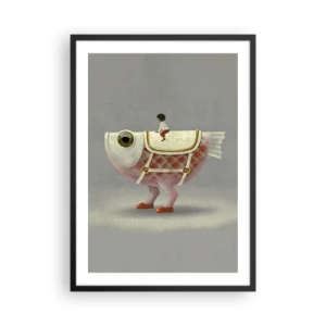 Póster en marco negro - Un pez de fantasía con una silla de montar y una figura sobre un fondo gris. - 50x70cm - Jinete del pescado - Decoración de pared moderna para salón y dormitorio ARTTOR