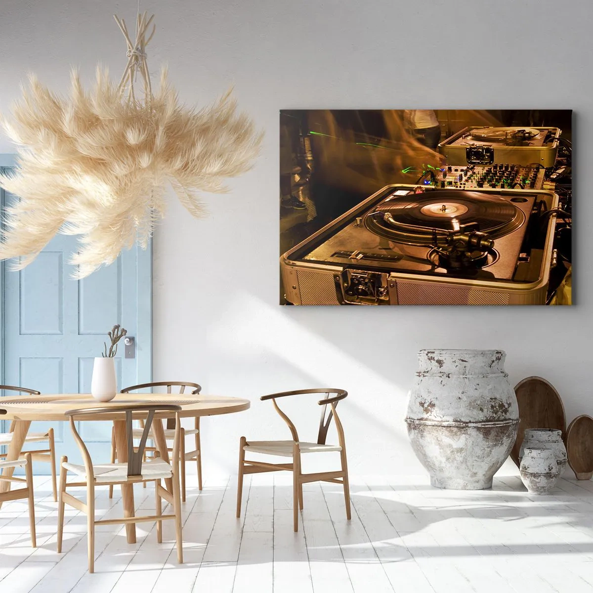 Cuadro sobre lienzo - Impresión de Imagen - Equipo de DJ con plato giratorio y mezclador durante una fiesta - 100x70cm - ¿Puedes sentir el poder? - Decoración de pared moderna para salón y dormitorio ARTTOR