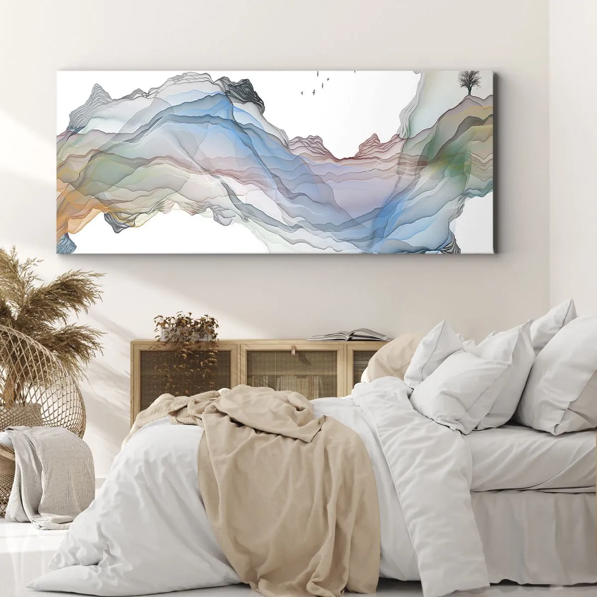 Cuadro sobre lienzo - Impresión de Imagen - Un paisaje sutil con montañas, agua y un barco. - 140x50cm - Hacia las montañas de cristal - Decoración de pared moderna para salón y dormitorio ARTTOR