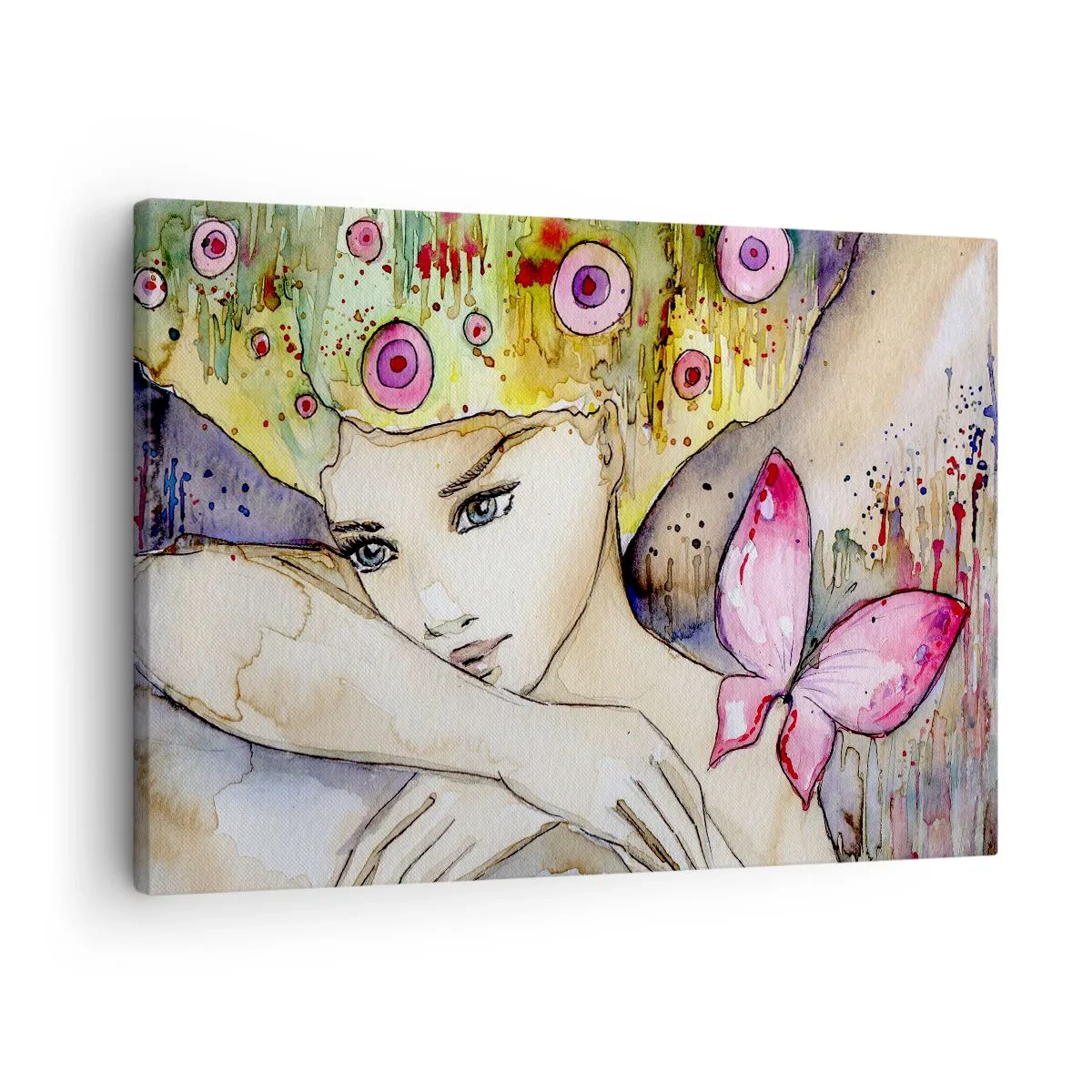 Cuadro sobre lienzo - Impresión de Imagen - Una mujer con un peinado abstracto y una mariposa rosa. - 70x50cm - Una princesa mariposa - Decoración de pared moderna para salón y dormitorio ARTTOR