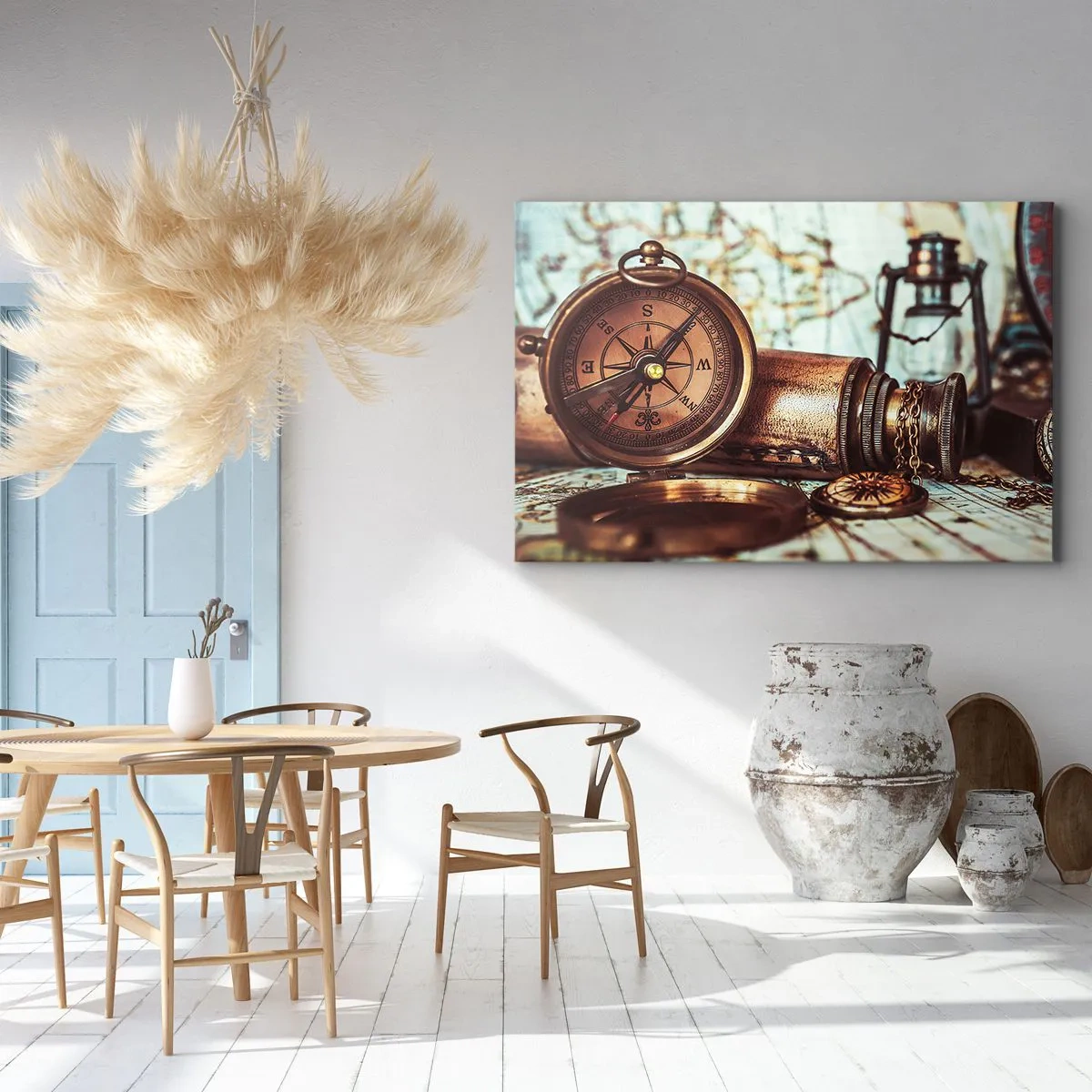 Cuadro sobre lienzo - Impresión de Imagen - Un conjunto retro con brújula, telescopio y mapa con temática de viajes. - 70x50cm - Te espera una aventura pirata en el Caribe - Decoración de pared moderna para salón y dormitorio ARTTOR