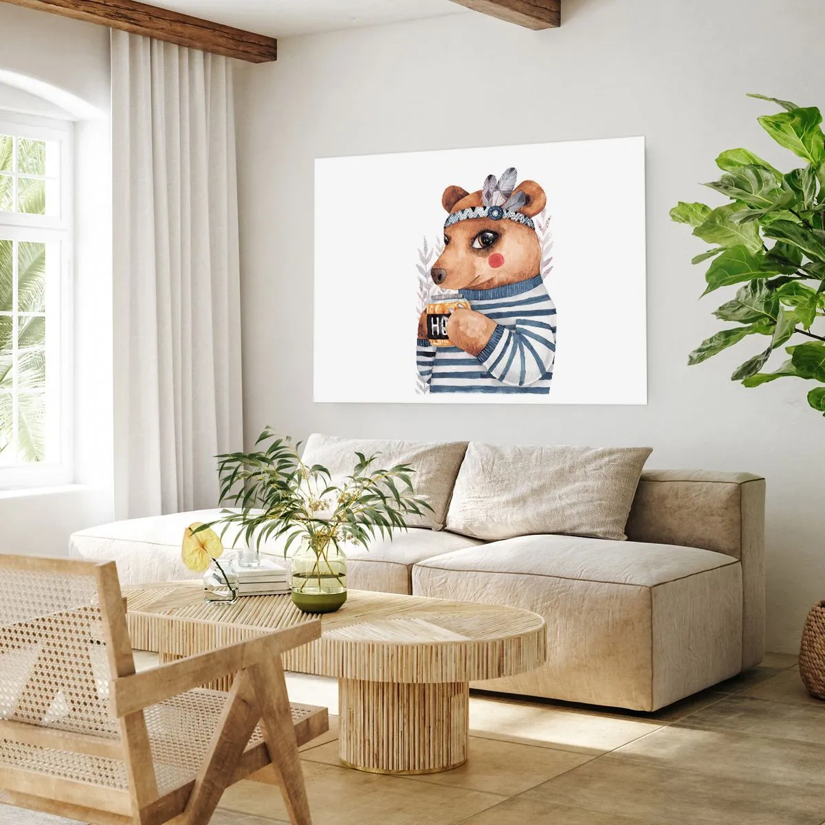 Póster - Un osito de peluche con un suéter de rayas y una taza de miel. - 100x70cm - Dulce oso - Decoración de pared moderna para salón y dormitorio ARTTOR