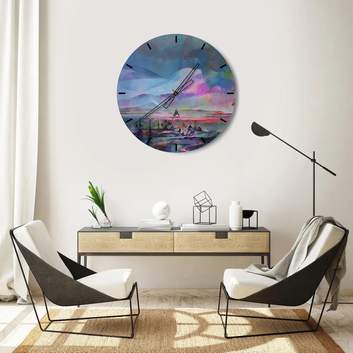 Reloj de pared - Reloj de vidrio - Un panorama colorido de montañas y un pueblo en estilo abstracto. - 30x30cm - Bajo un cielo benévolo - Decoración de pared moderna para salón, cocina y dormitorio ARTTOR