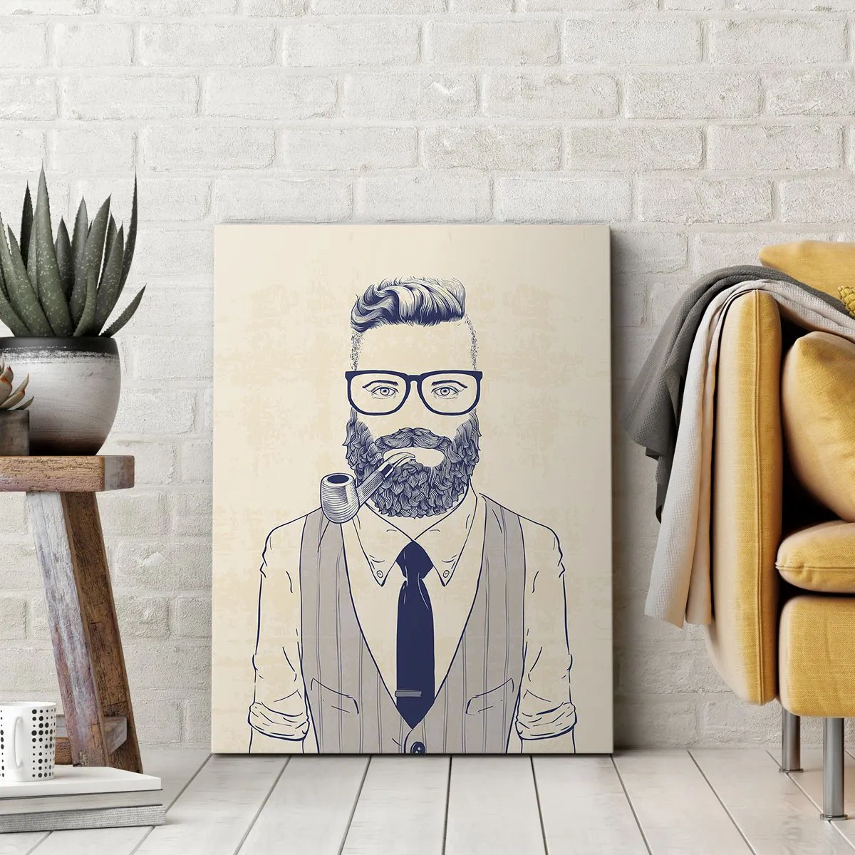 Cuadro sobre lienzo - Impresión de Imagen - Hombre estilizado con barba, pipa y gafas. - 80x120cm - Alegre, masculino y a la moda - Decoración de pared moderna para salón y dormitorio ARTTOR