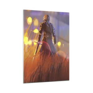 Cuadro sobre vidrio - Impresiones sobre Vidrio - Una figura con armadura entre hierba naranja con un fondo luminoso. - 50x70cm - El caballero equivocado - Decoración de pared moderna para salón y dormitorio ARTTOR