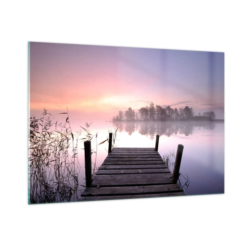 Cuadro sobre vidrio - Impresiones sobre Vidrio - Un muelle al amanecer sobre un lago tranquilo - 100x70cm - De la niebla lila... - Decoración de pared moderna para salón y dormitorio ARTTOR
