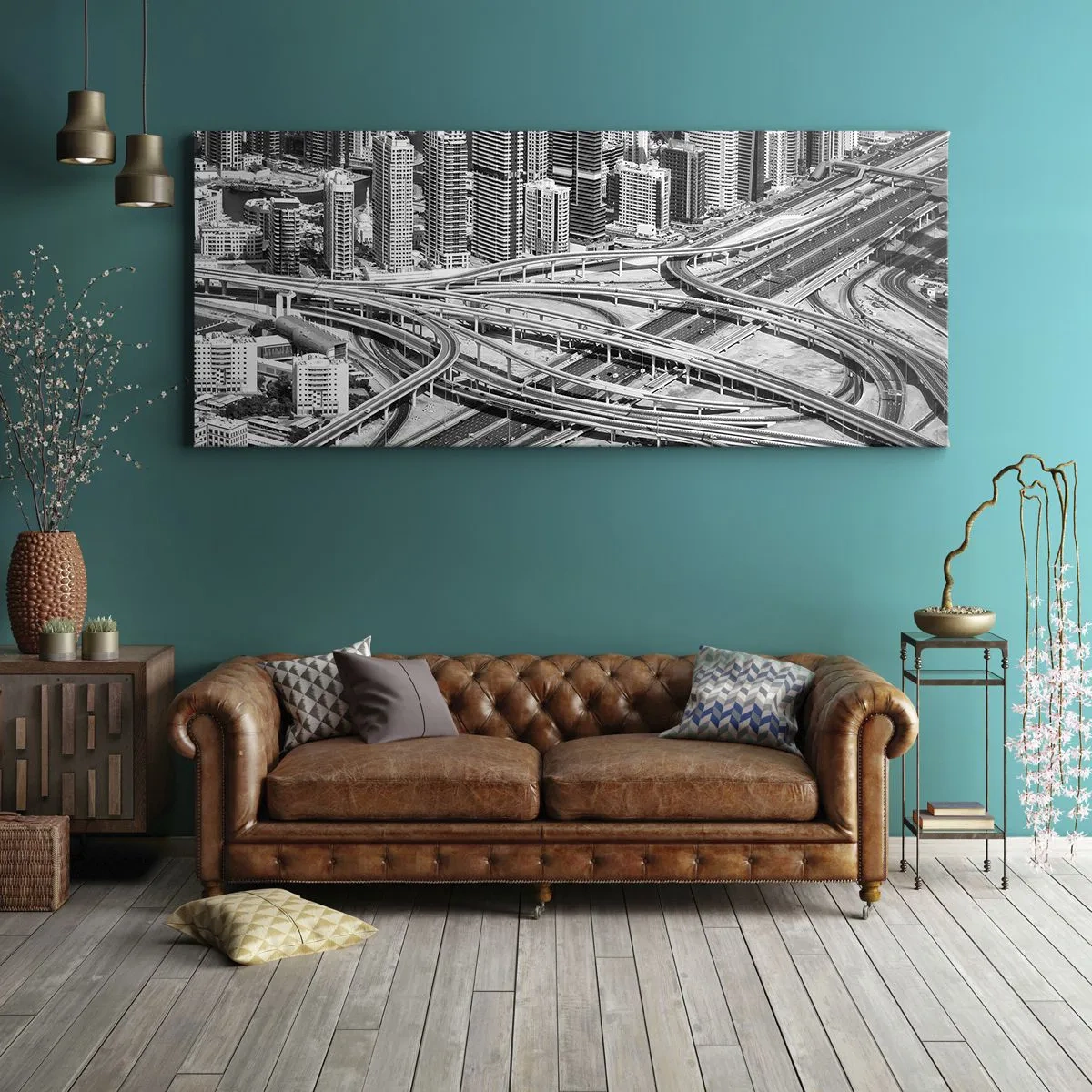 Cuadro sobre lienzo - Impresión de Imagen - Una vista aérea de Dubái - 160x50cm - Dubái: la ciudad imposible - Decoración de pared moderna para salón y dormitorio ARTTOR