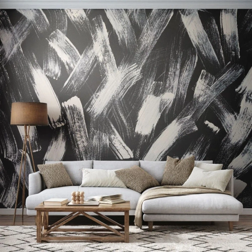 Fotomural Premium Sand - Pinceladas dinámicas en blanco y negro sobre un fondo oscuro - 100x70cm - Abstracción en el espíritu industrial - Decoración de pared moderna para salón y dormitorio ARTTOR