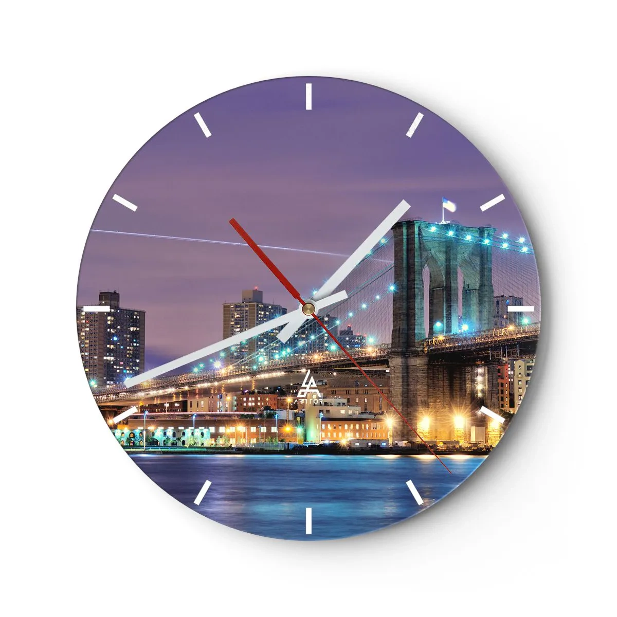 Reloj de pared - Reloj de vidrio - Un puente iluminado por la noche sobre el río con vistas a la ciudad. - 30x30cm - Durante muchos años, el puente de Brooklyn - Decoración de pared moderna para salón, cocina y dormitorio ARTTOR