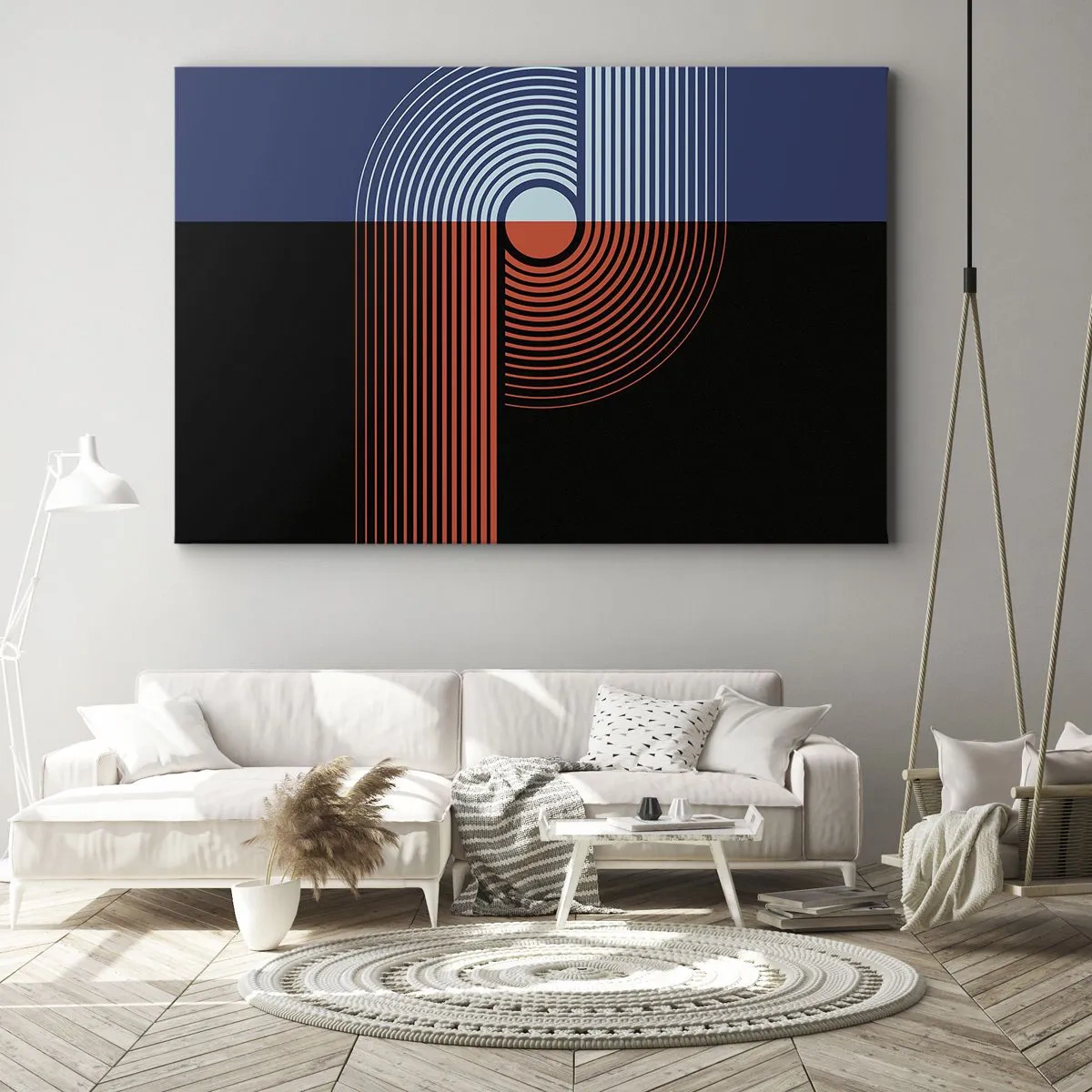 Cuadro sobre lienzo - Impresión de Imagen - Abstracción geométrica con líneas en azul marino y naranja. - 70x50cm - En un abrazo geométrico - Decoración de pared moderna para salón y dormitorio ARTTOR