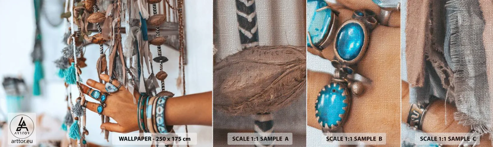 Muestra de fotomural Premium Canvas - Tesoros locales - Mano de mujer, Joyas, bohemia - 100x30 cm