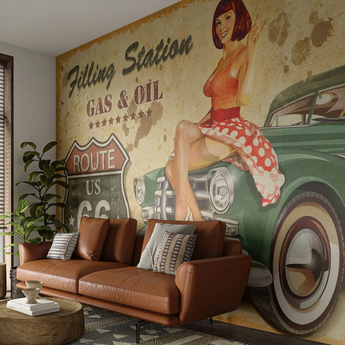 Fotomural Premium Sand - Póster retro de la Ruta 66 con chica pin-up y coche clásico. - 100x70cm - Los gloriosos años 40 - Decoración de pared moderna para salón y dormitorio ARTTOR