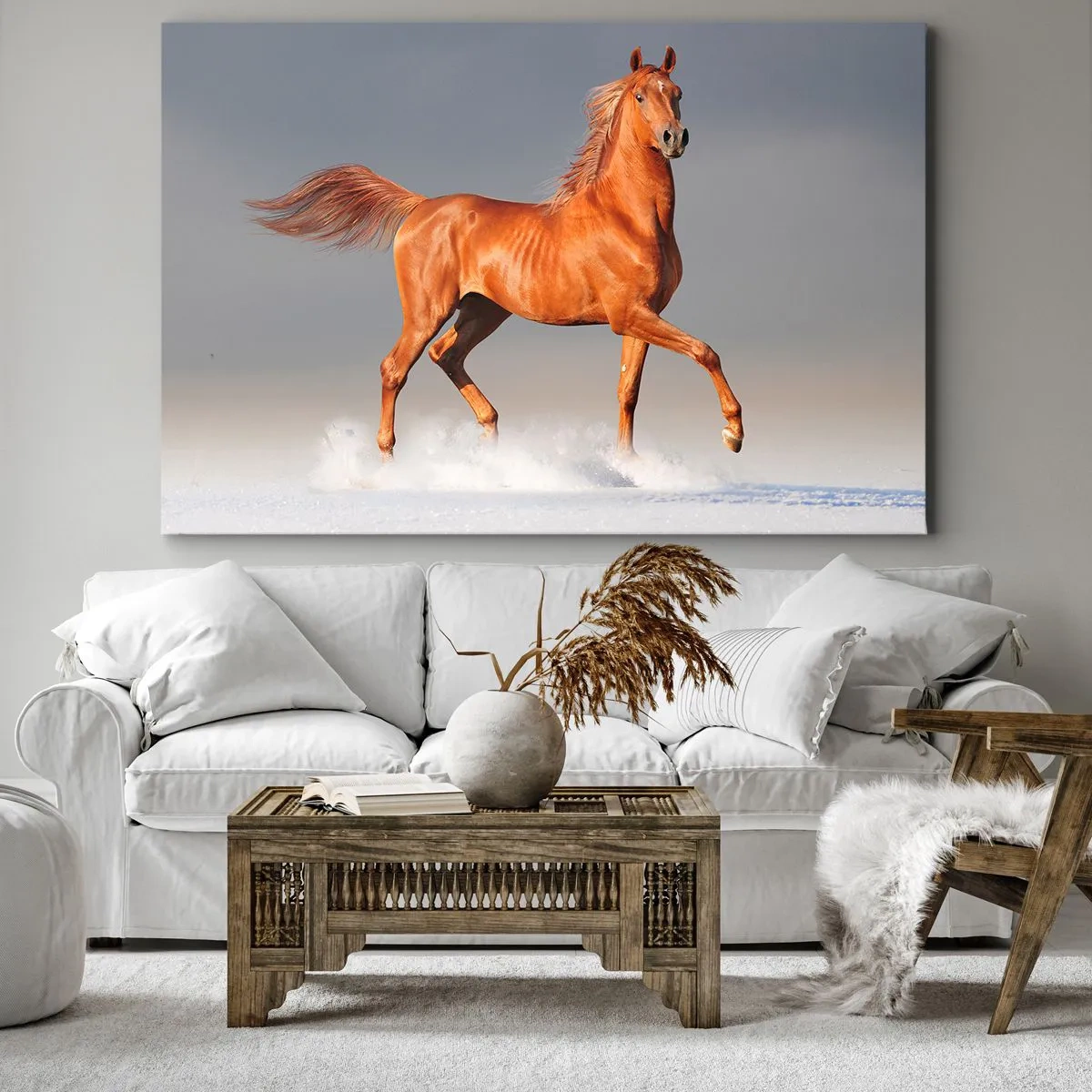 Cuadro sobre lienzo - Impresión de Imagen - Un caballo al galope contra un cielo azul. - 70x50cm - Danza al viento - Decoración de pared moderna para salón y dormitorio ARTTOR