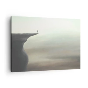 Cuadro sobre lienzo - Impresión de Imagen - Silueta de una figura en el borde de un acantilado en un paisaje brumoso - 70x50cm - Hacia arriba, ¡por supuesto! - Decoración de pared moderna para salón y dormitorio ARTTOR