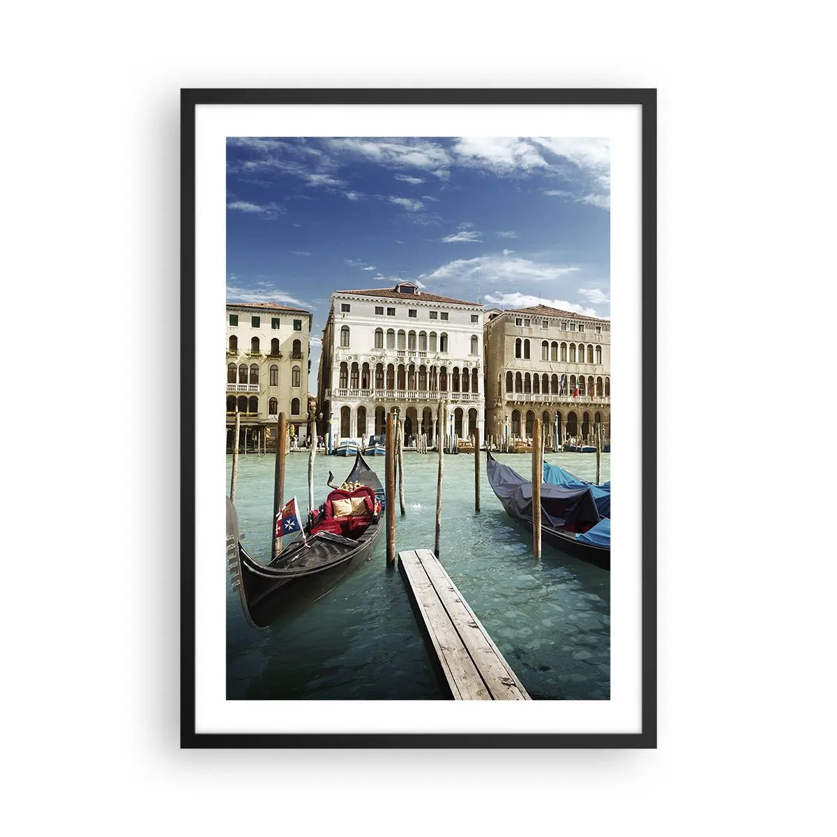 Póster en marco negro - Góndolas en el agua con edificios históricos al fondo en Venecia - 50x70cm - Palacios en azul - Decoración de pared moderna para salón y dormitorio ARTTOR