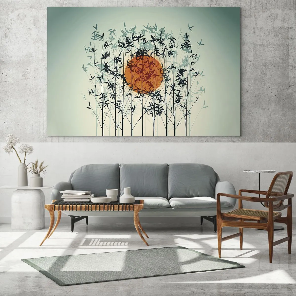 Cuadro sobre vidrio - Impresiones sobre Vidrio - Sol rojo entre delicadas hojas de bambú - 120x80cm - El sol de Japón - Decoración de pared moderna para salón y dormitorio ARTTOR