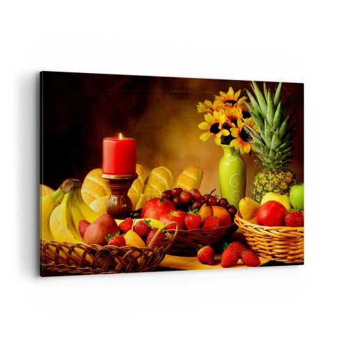Cuadro sobre lienzo - Impresión de Imagen - Bodegón con fruta, pan, vela y flores. - 100x70cm - Bodegón con pan y fruta - Decoración de pared moderna para salón y dormitorio ARTTOR