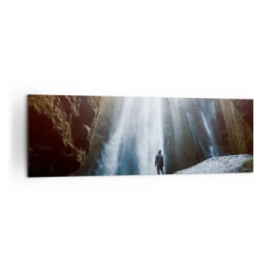 Cuadro sobre lienzo - Impresión de Imagen - Una figura con el telón de fondo de una majestuosa cascada en un desfiladero rocoso. - 160x50cm - Impresionante vista - Decoración de pared moderna para salón y dormitorio ARTTOR