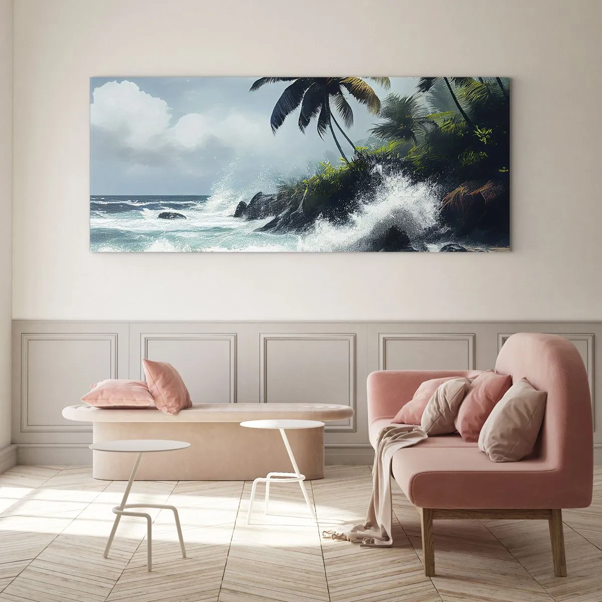 Cuadro sobre vidrio - Impresiones sobre Vidrio - Costa tropical con palmeras y mar agitado. - 120x50cm - En una costa tropical - Decoración de pared moderna para salón y dormitorio ARTTOR