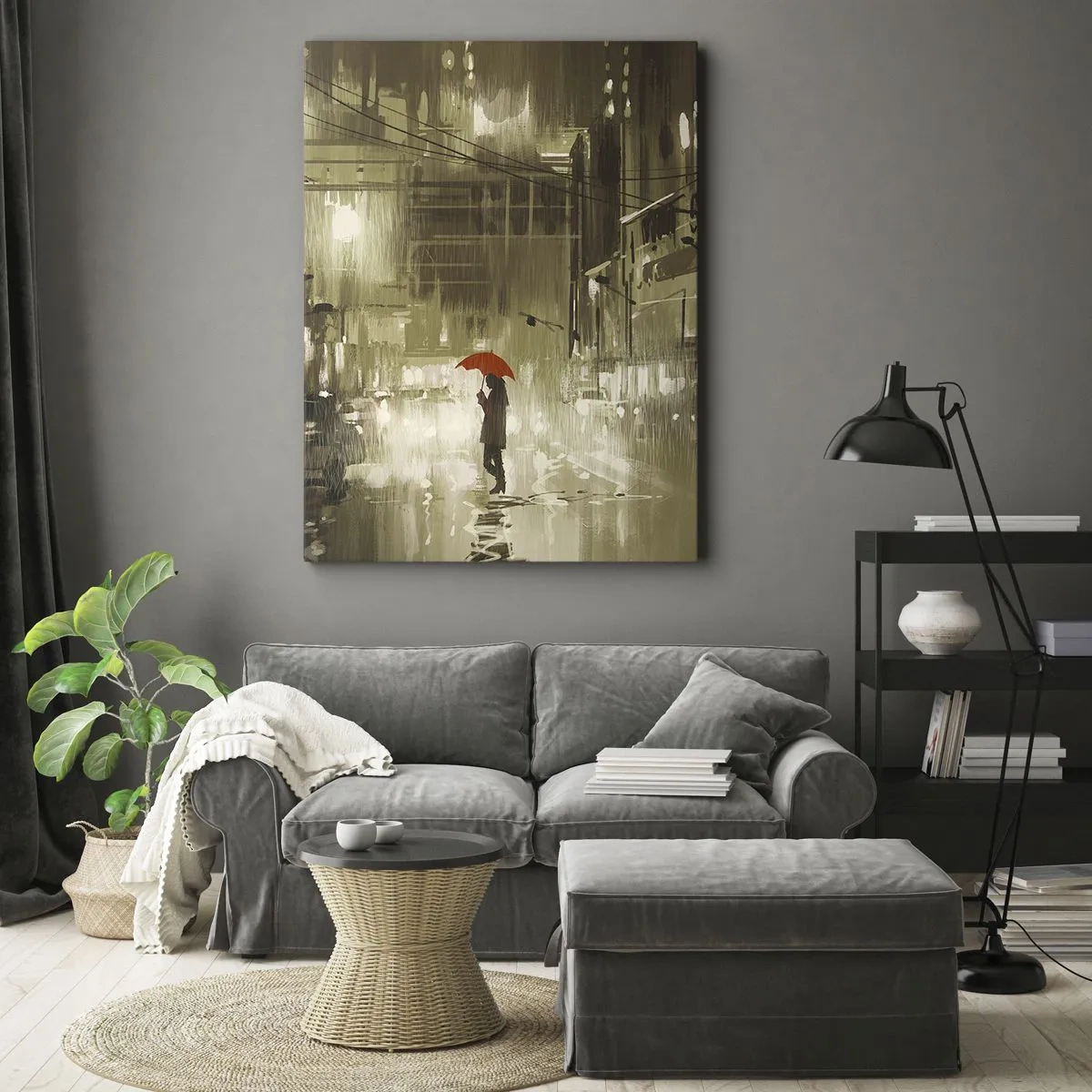 Cuadro sobre lienzo - Impresión de Imagen - Una figura con un paraguas rojo en una ciudad lluviosa. - 70x100cm - Soledad en la urbe - Decoración de pared moderna para salón y dormitorio ARTTOR
