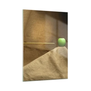 Cuadro sobre vidrio - Impresiones sobre Vidrio - Una manzana verde sobre un fondo beige con una flecha que la atraviesa. - 50x70cm - Evocar el espíritu de Wilhelm Tell - Decoración de pared moderna para salón y dormitorio ARTTOR