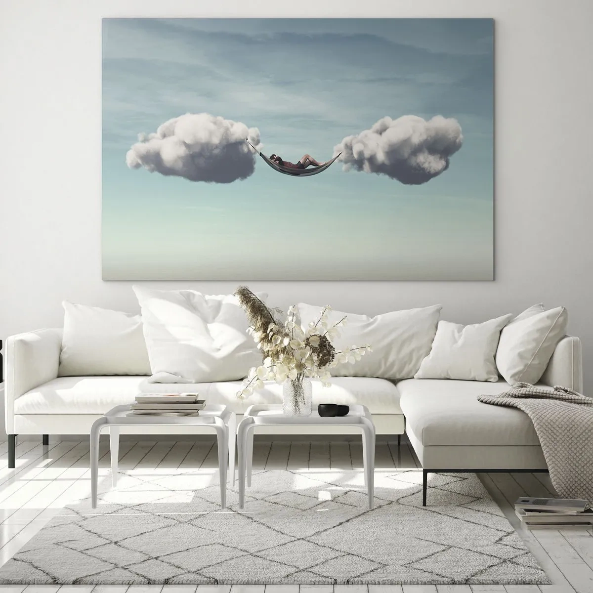 Cuadro sobre vidrio - Impresiones sobre Vidrio - Hamacas de nubes en un cielo azul - 100x70cm - La felicidad del momento - Decoración de pared moderna para salón y dormitorio ARTTOR