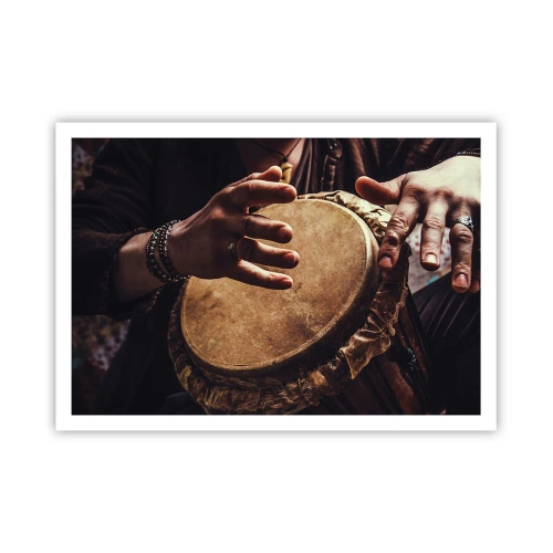 Póster - Manos tocando un tambor djembé tradicional - 100x70cm - En el ritmo del corazón - Decoración de pared moderna para salón y dormitorio ARTTOR