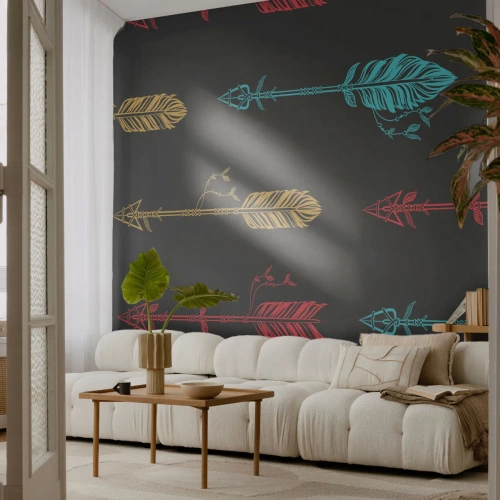 Fotomural Standard Eco - Un patrón de flechas de colores sobre un fondo oscuro en estilo boho. - 100x70cm - Flechas - Decoración de pared moderna para salón y dormitorio ARTTOR