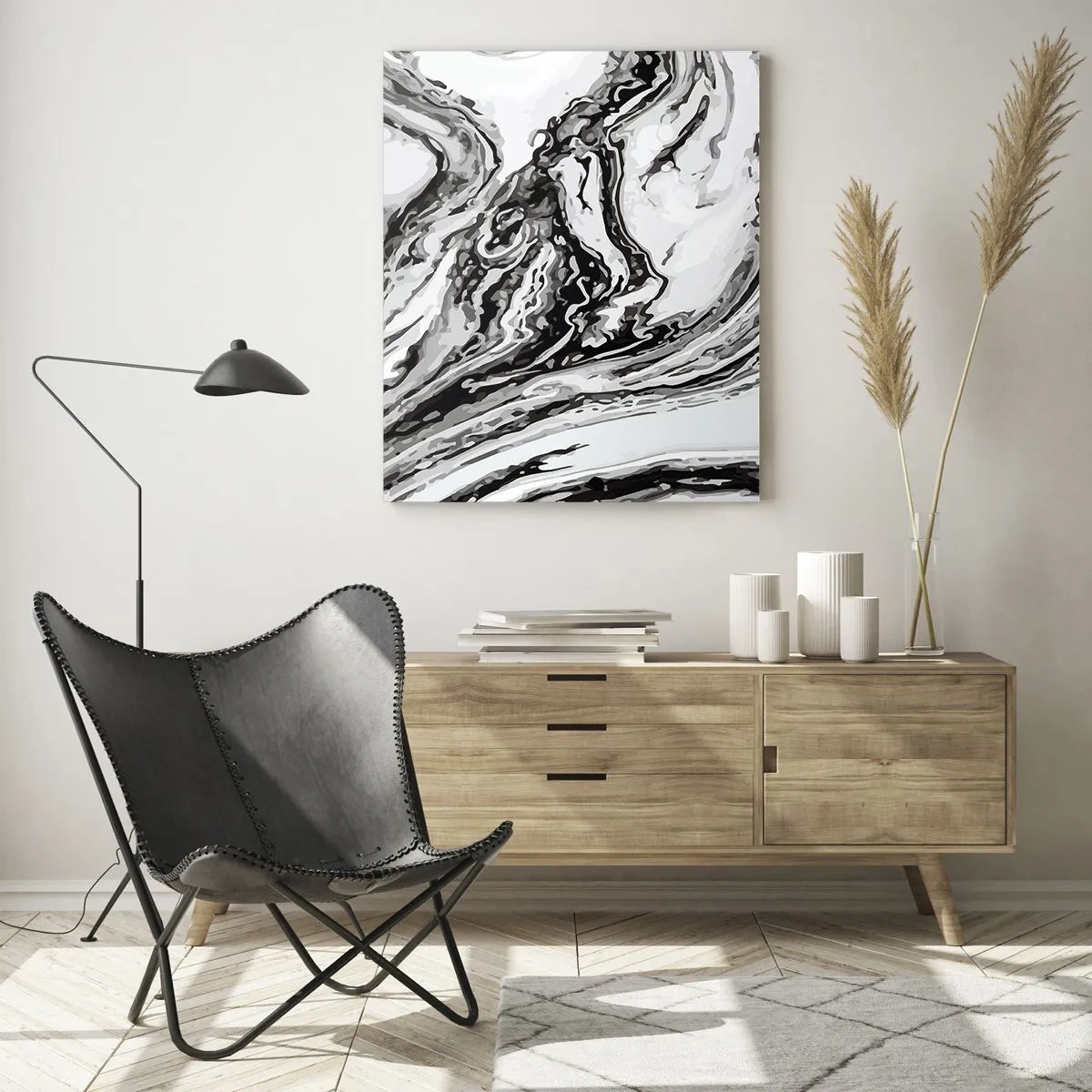 Cuadro sobre vidrio - Impresiones sobre Vidrio - Patrón de mármol abstracto en blanco y negro - 80x120cm - Al principio existía el caos - Decoración de pared moderna para salón y dormitorio ARTTOR