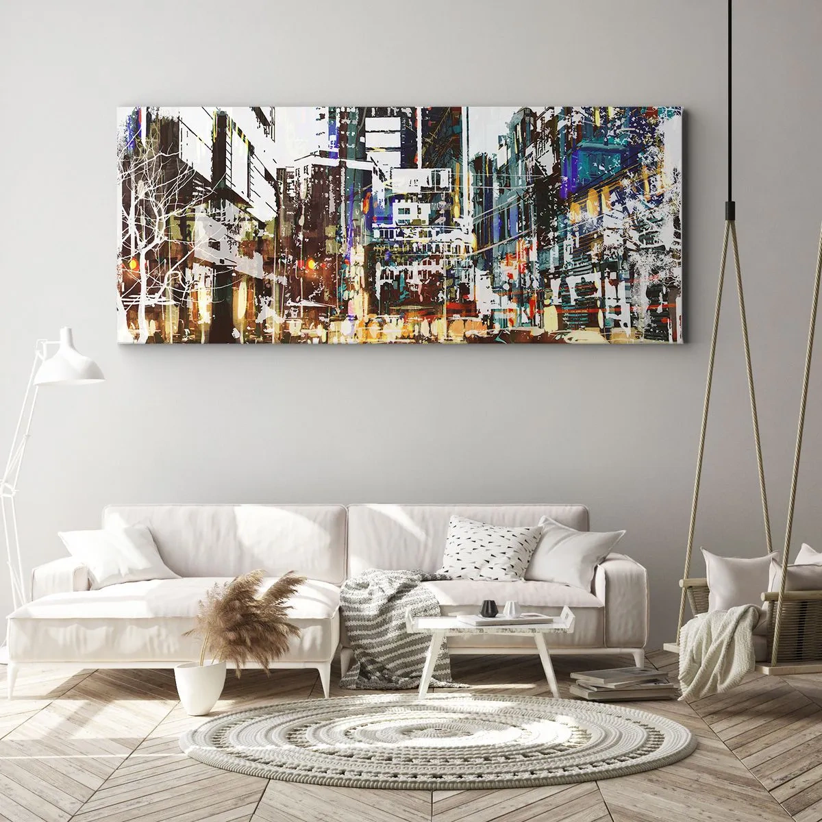 Cuadro sobre lienzo - Impresión de Imagen - Un paisaje urbano moderno de estilo artístico. - 140x50cm - Ciudad parpadeante - Decoración de pared moderna para salón y dormitorio ARTTOR