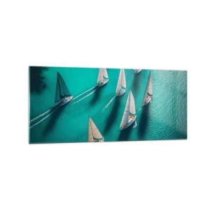 Cuadro sobre vidrio - Impresiones sobre Vidrio - Yates en aguas turquesas en movimiento dinámico - 120x50cm - En competición con el viento - Decoración de pared moderna para salón y dormitorio ARTTOR