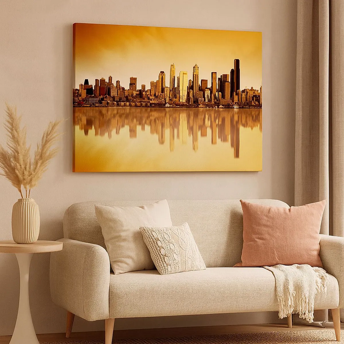 Cuadro sobre lienzo - Impresión de Imagen - Panorama de la ciudad reflejado en el agua al atardecer - 70x50cm - El silencio de la metrópoli - Decoración de pared moderna para salón y dormitorio ARTTOR