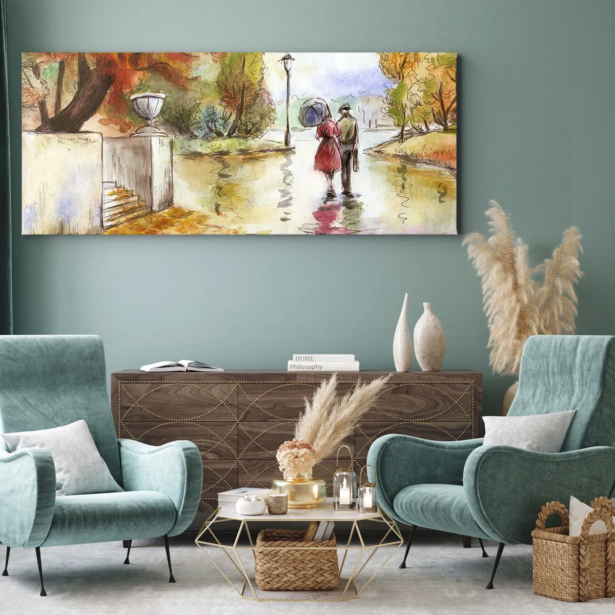 Cuadro sobre lienzo - Impresión de Imagen - Un paseo por el parque de otoño con un paraguas. - 160x50cm - Un otoño romántico en el parque - Decoración de pared moderna para salón y dormitorio ARTTOR
